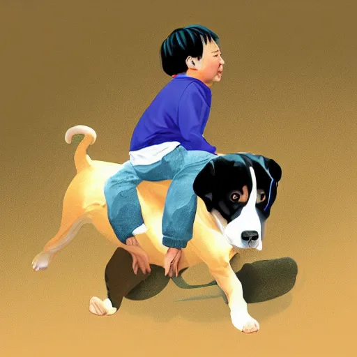 Image similar to chinese boy riding on top of a rottweiler, digital painting