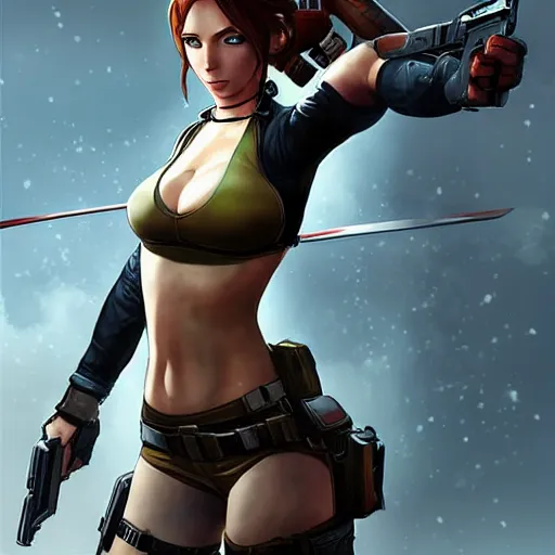 Image similar to concept art illustration of christina hendricks as lara croft anime protagonist, art by artgerm and rosstran