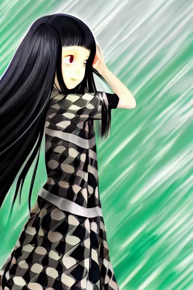 Image similar to mysterious girl child with her long black hair dressed in a chequered robe anime art style, big green diamond on her hand, digital art, hd, 4 k, hyper detailed