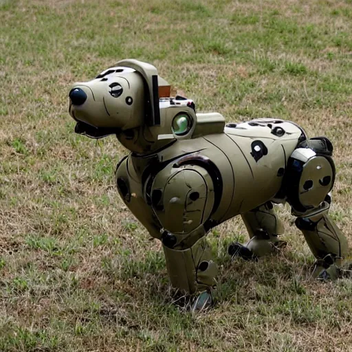 Image similar to robotic dog with a gun on its back and in military camouflage, camera photo