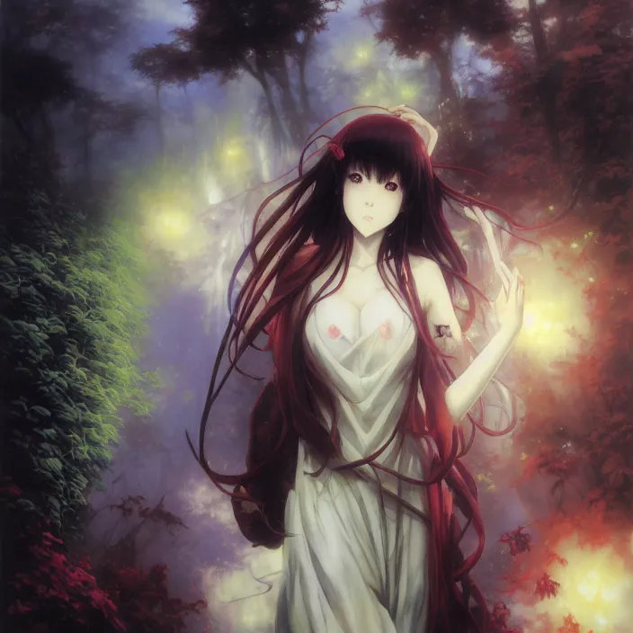 Prompt: Nishimiya Shouko, Albedo from Overlord, Mayer Re-l, Japan Lush Forest, official anime key media, close up of Iwakura Lain, LSD Dream Emulator, paranoiascape ps1, official anime key media, painting by Vladimir Volegov, beksinski and dan mumford, giygas, technological rings, johfra bosschart, Leviathan awakening from Japan in a Radially Symmetric Alien Megastructure turbulent bismuth glitchart, Atmospheric Cinematic Environmental & Architectural Design Concept Art by Tom Bagshaw Jana Schirmer Jared Exposure to Cyannic Energy, Darksouls Concept art by Finnian Macmanus