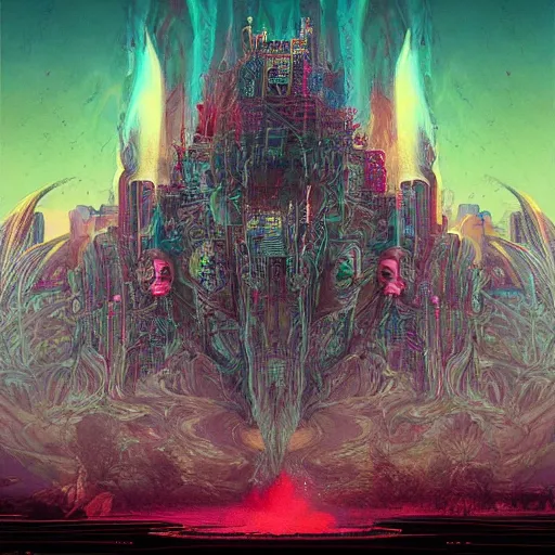 Image similar to seven angels come forth and receive seven bowls full of the wrath of god, smoke fills the temple so that no one can enter till the plagues of the seven angels have been complete, cyberpunk art by android jones, by beeple, darksynth, synthwave, quantum tracerwave