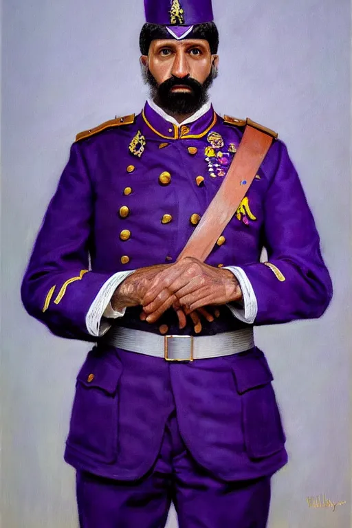 Image similar to full body portrait of the dictator of the sacramento kings, 1 8 8 9, in full military garb, purple, silver, oil on canvas by william sidney mount, trending on artstation