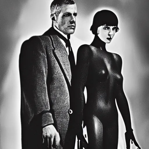 Image similar to old black and white photo, 1 9 3 3, depicting blade runner and replicant, ultra realistic face, leica, historical record, dramatic lighting