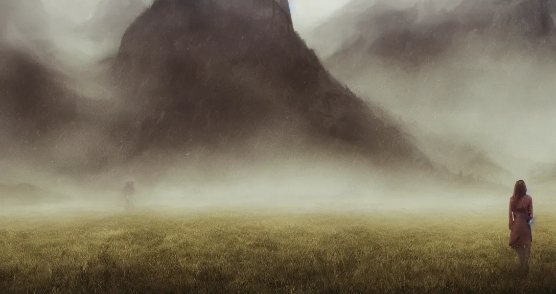 Prompt: concept art of woman, field, misty mountains, sad scenery, raining, light leaks, dream lost,