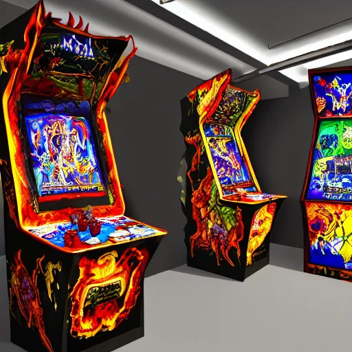 Prompt: satanic arcade filled with demonic arcade cabinets by spider zero, benoit b. mandelbrot, jeff koons, chihuly, trending on artstation # chihuly