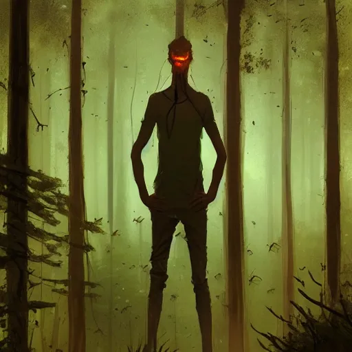 Image similar to concept art by greg rutkowski, a very tall and slender young man, frightened, surrounded by fireflies, in the middle of a forest of giant trees, detailed portraits, disturbing atmosphere, uncanny green lighting, scifi, digital painting, artstation, concept art, smooth, sharp foccus ilustration, artstation hq