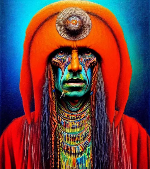 Image similar to Portrait painting in a style of Beksinski mixed with Alex Grey of an old shaman dressed in a colorful traditional clothes.