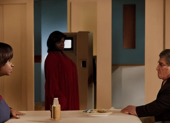 Image similar to cinematic shot of octavia spencer confronts joe manchin in a motel, in the near future, iconic scene from the paranoid thriller sci fi film directed by stanley kubrick, color theory, apartment design, leading lines, photorealistic, volumetric lighting, shot on color kodak stock