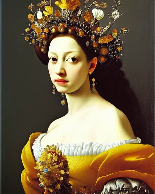 Prompt: baroque hibiscus queen, beauty portrait, intricate background, tiara, detailed oil painting by caravaggio, johannes vermeer, karl spitzweg, alexi zaitsev, elegant, masterpiece