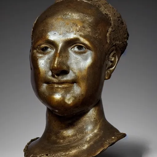 Prompt: an extremely ancient ironman bust that is tarnished and covered in sediment from uncovered earth expedition, rare photograph, smithsonian,