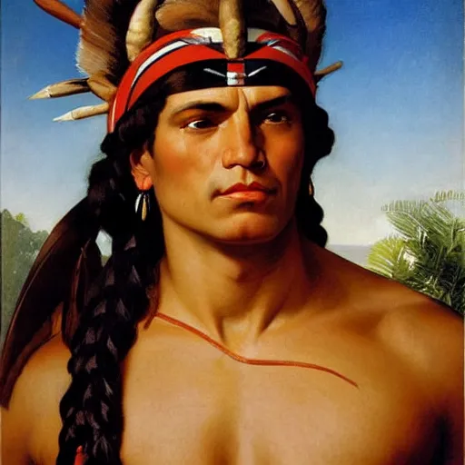 Prompt: portrait of a muscular native american god with the head of a buffalo, by j. c. leyendecker, tamara de lempicka, bouguereau, rockwell