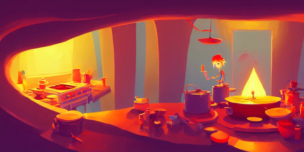 Prompt: naive nerikomi, weird perspective, cel shading, detailed illustration of a kitchen dim lit by 1 candle in a scenic spiral environment by anton fadeev from lorax movie, trending artstation