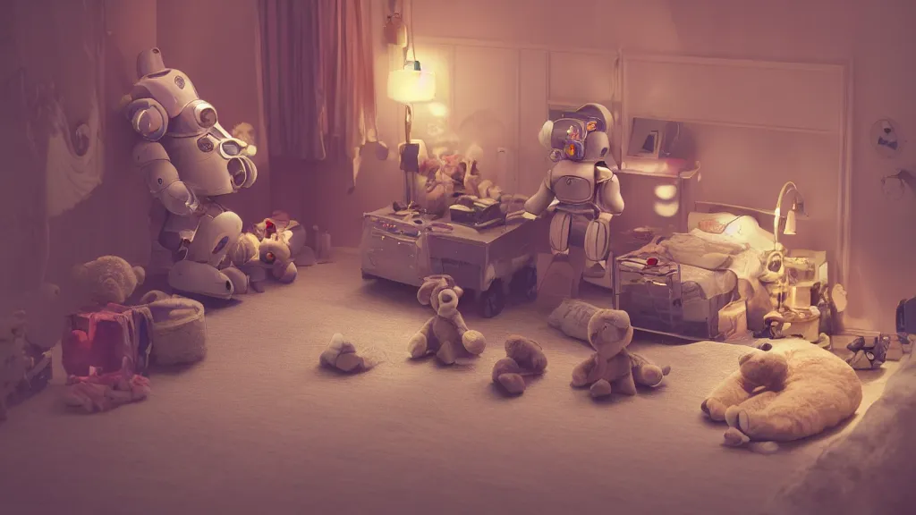 Prompt: a Photorealistic hyperrealistic render of an interior of a beautifully decorated spoiled child's beautiful bedroom, Close up low angle view of a vintage wind up toy robot on the floor with a giant teddy bear sitting on the bed by PIXAR,Greg Rutkowski,WLOP,Artgerm,dramatic moody sunset lighting,long shadows,Volumetric, cinematic atmosphere, Octane Render,Artstation,8k