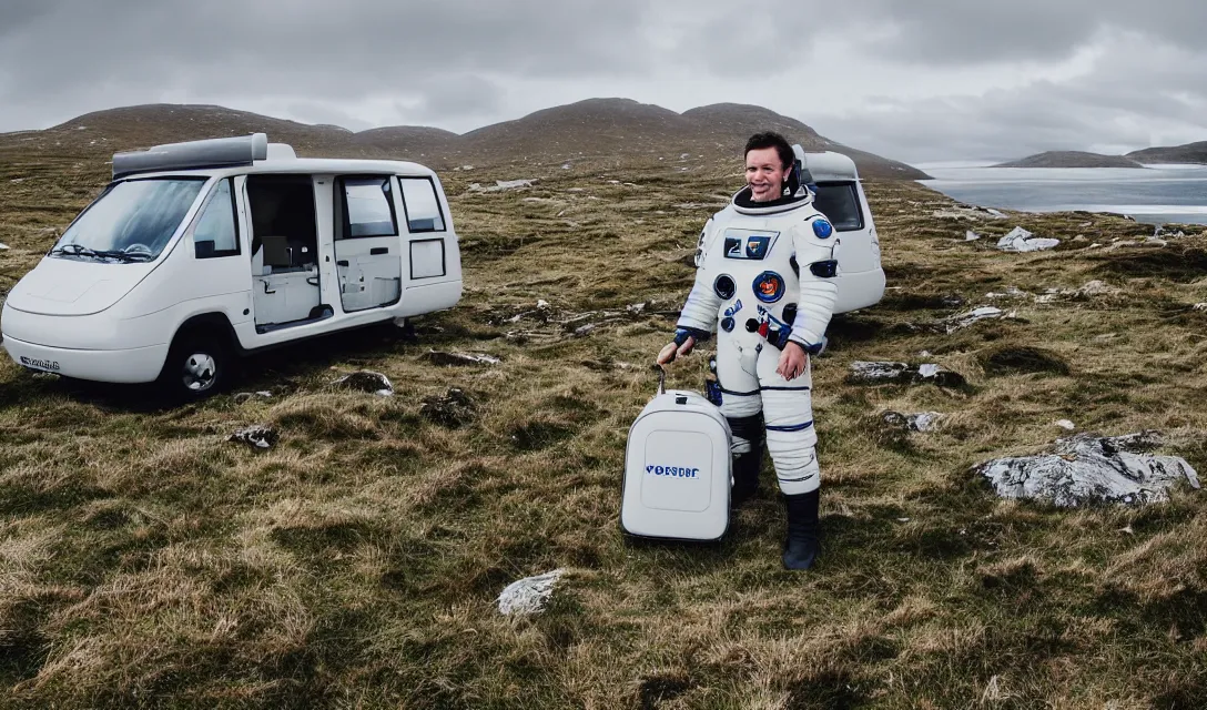 Prompt: tourist in space suit on the Isle of Harris, Scotland, a futuristic silver sci-fi campervan in the background, 35 mm lens, medium format camera, photorealistic, 8K, rocky, hills, grass, beach, advertising photo