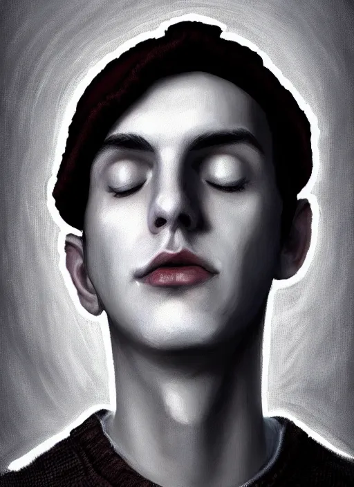 Image similar to portrait of teenage jughead jones wearing a light grey crown, photorealistic, crown, sweater with letter s on it, hamburger, eyes closed, crown, black hair, intricate, elegant, glowing lights, highly detailed, digital painting, artstation, concept art, smooth, sharp focus, illustration, art by wlop, mars ravelo and greg rutkowski