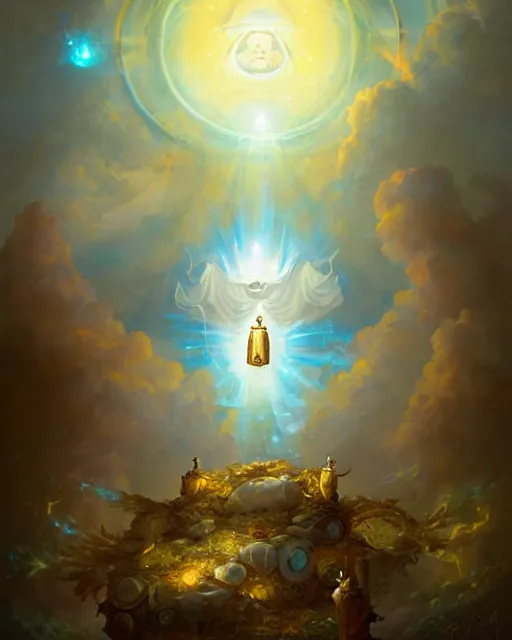 Prompt: The pope as a beekeeper, heavenly clouds, radiant halo of light, fantasy portrait by peter mohrbacher and tony sart