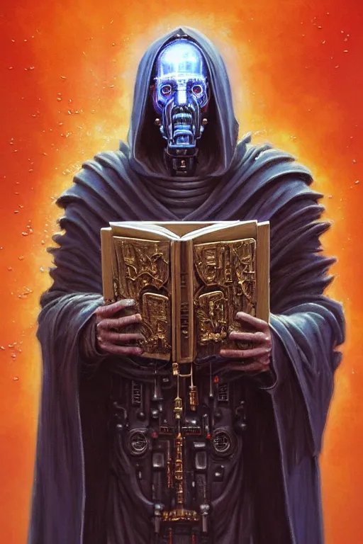 Image similar to painting of joe biden as a cloaked tech priest holding a book, adeptus mechanicus!, cybernetic enhancements attached to his body, praise the omnissaiah, zdzislaw beksinski, lewis jones, mattias adolfsson, warhammer 4 0 k!!, cold hue's, warm tone gradient background, concept art, digital painting