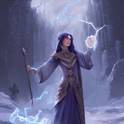 Prompt: Ice mage casting a spell, matte painting by Artgerm, 4K