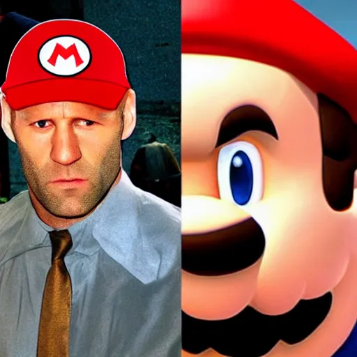 Prompt: jason statham in the movie super mario bros dressed as mario, photorealistic