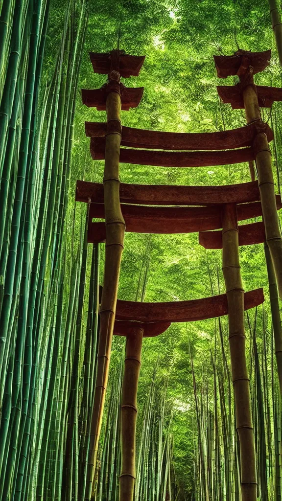 Image similar to “Torii gate in a bamboo forest, realistic, hiperrealist, photorealist, intricate, sharp focus, cinematic lights, Artstation HQ, Deviantart trending, 4K UHD, masterpiece”