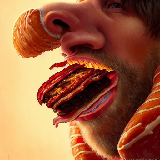 Image similar to Lionel Messi eating a mammoth Wendy's baconator, closeup, giant baconator, D&D, fantasy, intricate, elegant, highly detailed, digital painting, artstation, concept art, matte, sharp focus, illustration, art by Artgerm and Greg Rutkowski and Alphonse Mucha