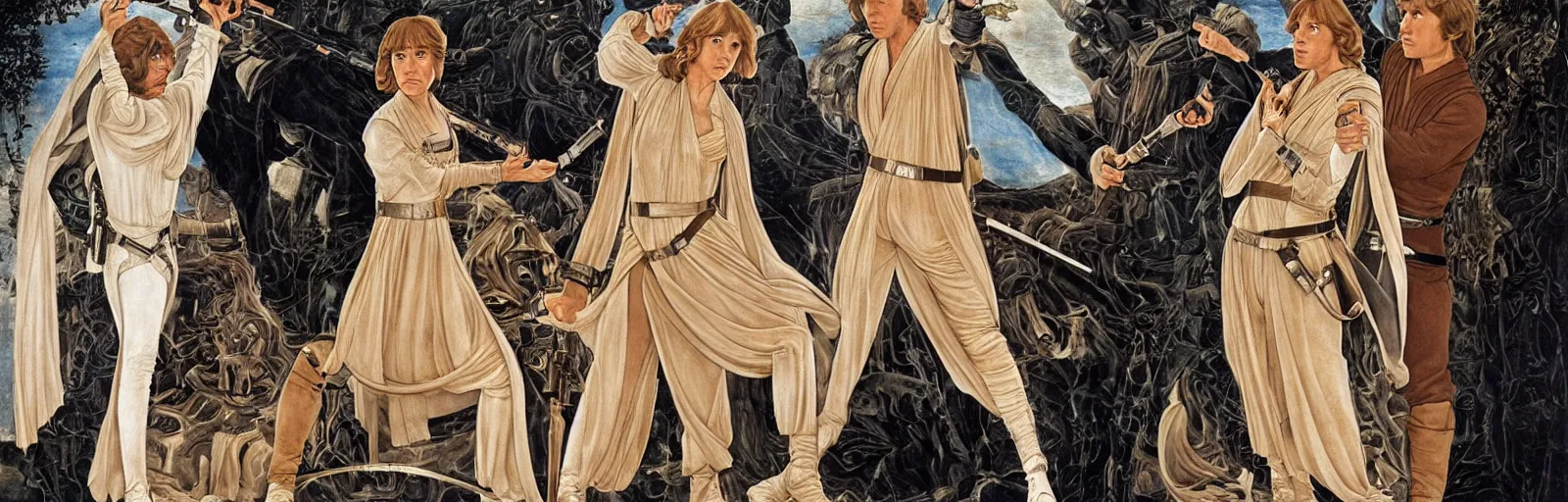 Image similar to luke skywalker, princess leia and han solo in return of the jedi, by sandro botticelli