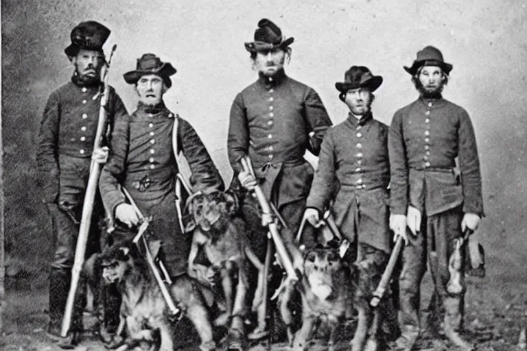 Prompt: a civil war era photo of soldiers and werewolves