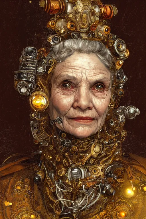 Prompt: portrait, headshot, digital painting, of a old 17th century, old lady cyborg merchant, amber jewels, baroque, ornate clothing, scifi, futuristic, realistic, hyperdetailed, chiaroscuro, concept art, art by waterhouse and klimt