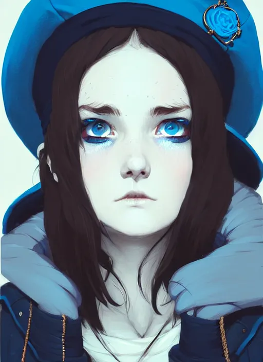 Image similar to highly detailed closeup portrait of a punk witch young lady student, blue witch hat, black parka, blue hair by atey ghailan, by greg rutkowski, by greg tocchini, by james gilleard, by joe fenton, by kaethe butcher, gradient, blue, black, brown and cream color scheme, grunge aesthetic!!! white graffiti tag wall background