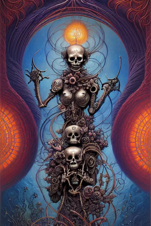 Image similar to A beautiful detailed godness super cute tarot card love and death and robots, by tomasz alen kopera and Justin Gerard, symmetrical features, ominous, magical realism, texture, intricate, ornate, royally decorated, mechanic, skeleton, whirling smoke, embers, red adornements, blue torn fabric, radiant colors, fantasy, trending on artstation, volumetric lighting, micro details, 3d sculpture, ray tracing, 8k, anaglyph effect, digital art