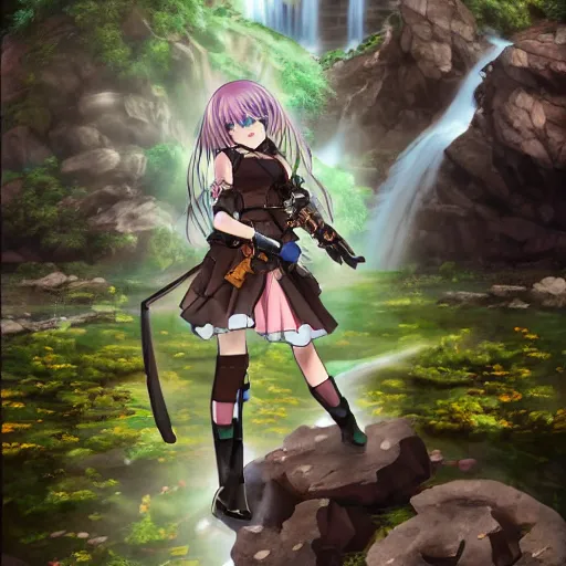 Prompt: anime girl with steampunk weapons and armor in a landscape, waterfall, river, grass, flowers, rocks, hill, extremely detailed, award - winning, anime, beautiful, calm,