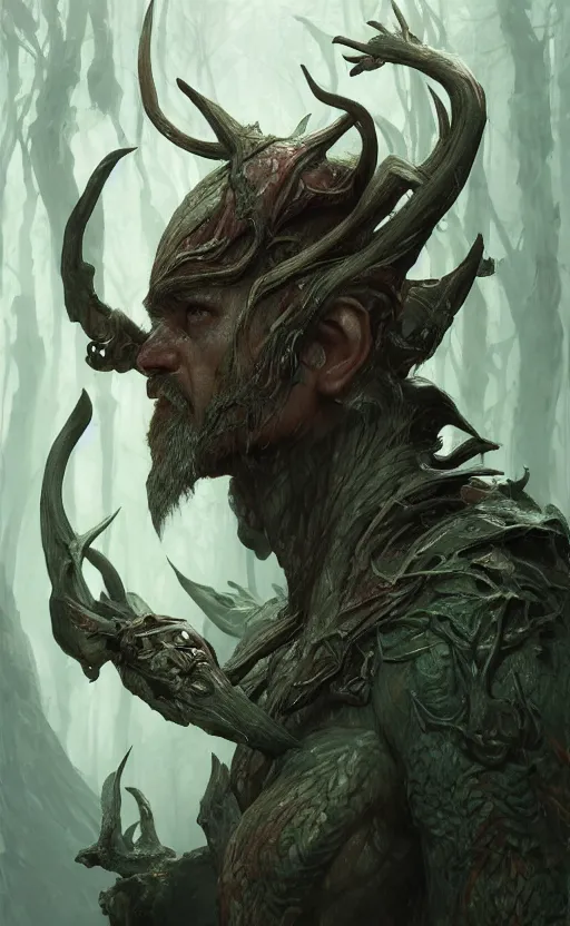 Prompt: portait of elven hunter hunting forest monster, symmetrical face features, front game card, drark, marvel comics, dark, intricate, highly detailed, smooth, artstation, digital illustration by ruan jia and mandy jurgens and artgerm and wayne barlowe and greg rutkowski and zdislav beksinski