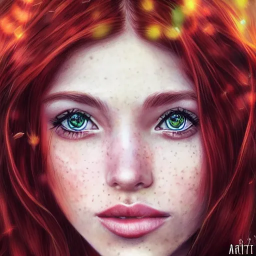 Image similar to portrait of a red haired girl loving to be among among fireflies, with long hair, green eyes, round beautiful face, a soft smile, hint of freckles, wonderful lights, highly detailed, hyper realistic colorful art by artgerm