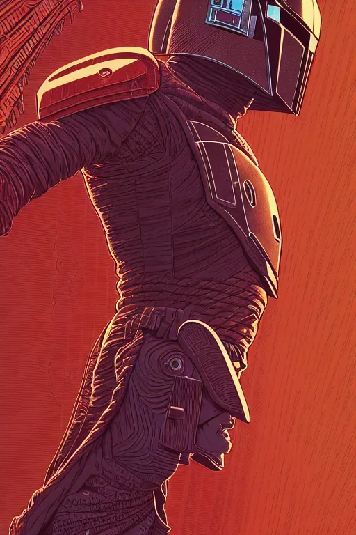 Image similar to closeup potrait of the mandalorian, intricate, volumetric lighting, moebius, geof darrow, frank miller, dan mumford, detailed illustration, digital art, victo ngai, kilian eng, vector art