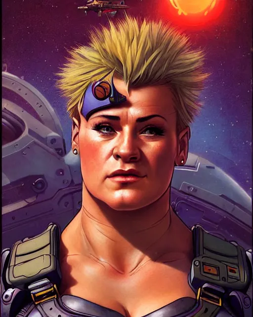 Prompt: zarya from overwatch, crazy look in his eyes, character portrait, portrait, close up, concept art, intricate details, highly detailed, vintage sci - fi poster, retro future, in the style of chris foss, rodger dean, moebius, michael whelan, and gustave dore