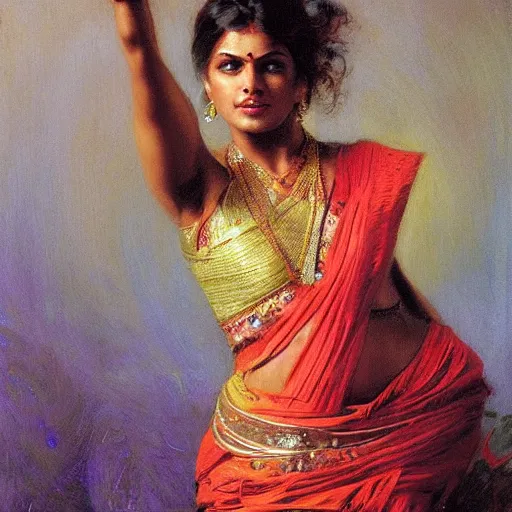 Prompt: a woman wearing sari dancing from side. highly detailed painting by gaston bussiere, craig mullins, j. c. leyendecker 8 k