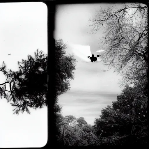 Prompt: Black and white pinhole camera photo of a witch flying over a victorian house with trees