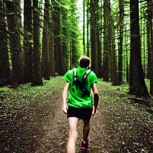 Prompt: a sporty guy in acid-green sneakers, runs alone through a forest with tall trees, comic book art, a shot from the back in perspective,