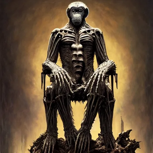 Image similar to koba from planet of the apes covered in scars and biomechanical upgrades sitting on a throne of human bones, hero character art, by chris leib and greg rutkowski and h.r. giger in a surreal portrait, oil on canvas, volumetric lighting, 8k, hd.