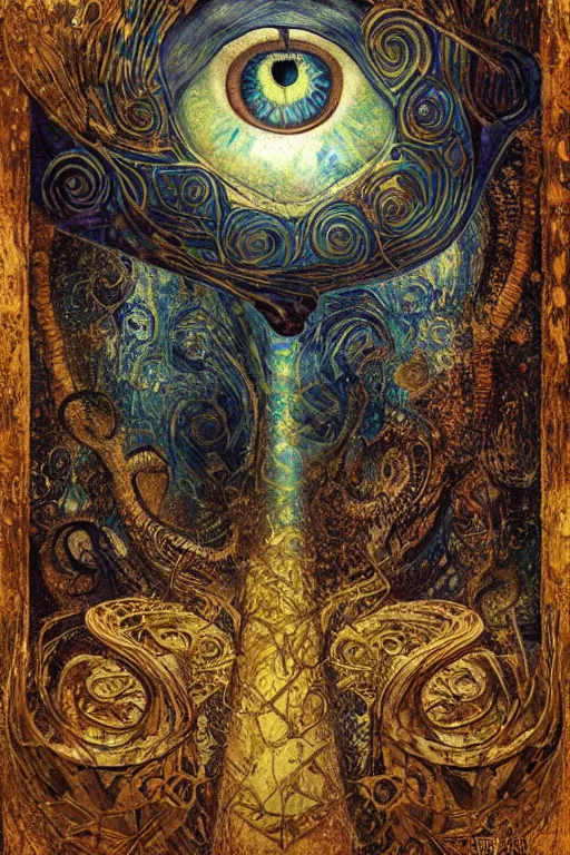 Image similar to The Lost Souvenir by Karol Bak, Jean Deville, Gustav Klimt, and Vincent Van Gogh, mystic eye, otherworldly, vintage well-worn postcard, scenic landscape, fractal structures, arcane, inferno, inscribed runes, infernal relics, ornate gilded medieval icon, third eye, spirals, rich deep moody colors