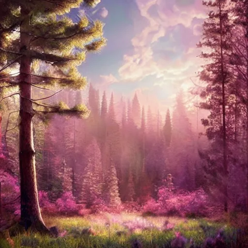 Prompt: solace, peaceful, clouds, beautiful, woods, trees, pine, nice view, gradient of pink and blue, mystical realistic poster with shaded lighting by craig mallismo, artgerm, jeremy lipkin and michael garmash, radiant light, detailed and complex environment, city, utopia, spirituality, sacred geometry, with implied lines