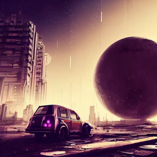 Image similar to Gritty futuristic cyberpunk VW W16 in a Russian cyberpunk slum city called Neo Norilsk on the Moon, at night, diverse, lively, Milky way on the sky, blinding sun, sci-fi photorealistic, grainy, 35mm, intricate, very very beautiful, elegant, smooth, cinematic, Unreal Engine 5, by Beeple, trending on Artstation HD