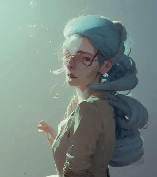 Prompt: portrait of a female alchemist, disheveled hair, by atey ghailan, by greg rutkowski, by greg tocchini, by james gilleard, by joe fenton, by kaethe butcher, dynamic lighting, gradient light blue, brown, blonde cream and white color scheme, grunge aesthetic