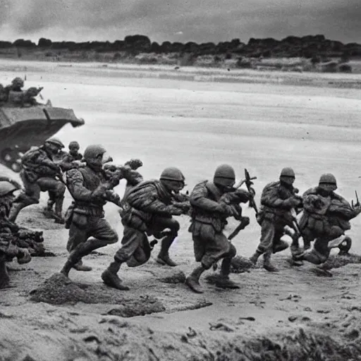 Prompt: Photo of Shrek leading the 1944 Omaha beach charge, Photo by Robert F. Sargent, Normandy, D-Day, very detailed, realistic