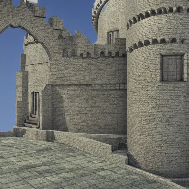 Prompt: complex 3 d render, hyper realistic, looking close up at a well maintained castle