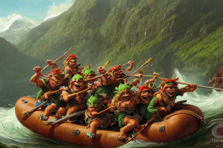Prompt: a group of green goblins riding on a raft in a norwegian fjord by justin gerard by thomas cole