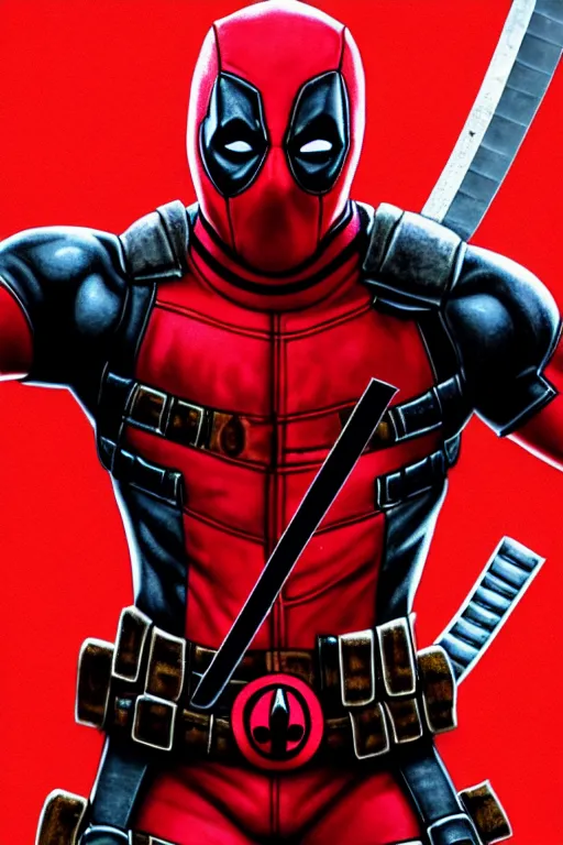 Image similar to clear portrait of deadpool slicing!! through enemies with his katana, blood, cottagecore!!, background hyper detailed, character concept, full body, dynamic pose, intricate, highly detailed, digital painting, artstation, concept art, smooth, sharp focus, illustration, art by artgerm and greg rutkowski and alphonse mucha