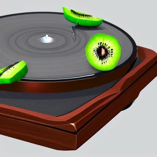 Image similar to a funny turntable with a needle on top of kiwi slice, a low poly render by tim biskup, featured on polycount, computer art, sketchfab, rendered in maya, voxel art