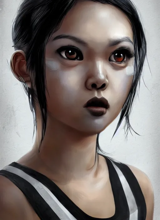 Prompt: An epic fantasy comic book style portrait painting of a young Malaysian Asian woman, expressive, dark piercing eyes, tomboy, pug-faced, pouting, tan skin, beautiful futuristic hairstyle, black and white striped tank top with long sleeves, bare midriff, unreal 5, DAZ, hyperrealistic, octane render, cosplay, RPG portrait, dynamic lighting